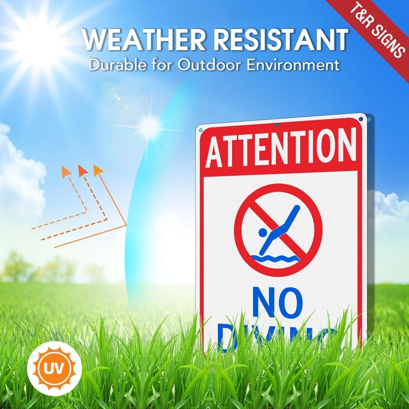 TR Attention No Diving Sign - 1 Pack - 14"x10" .040 Rust Free Heavy Aluminum, Reflective, Waterproof, Weatherproof and Fade Resistant, 6 pre-drilled holes, Easy to Mount - Image 3